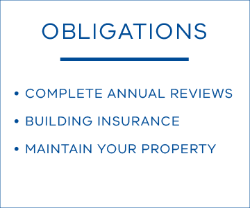 Obligations: complete annual reviews; building insurance; maintain your property